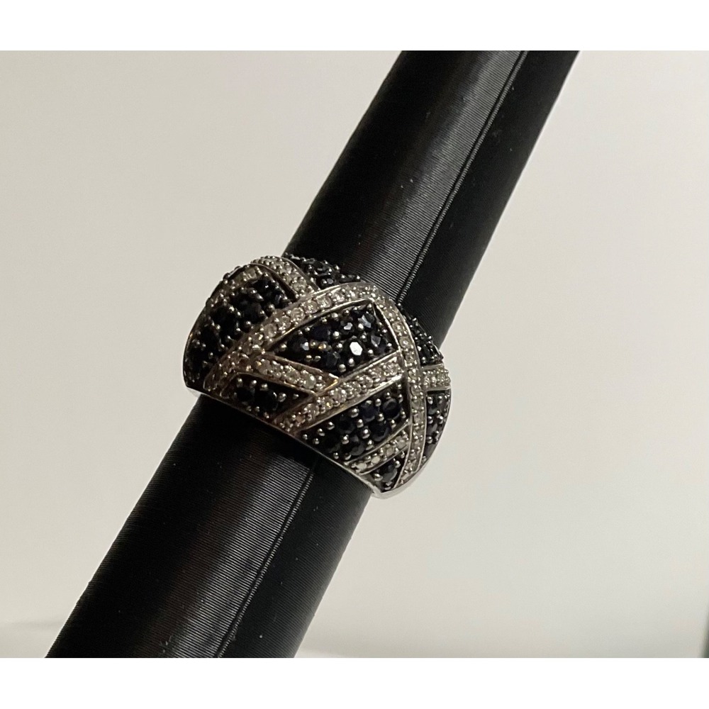 925 Sterling Silver RING 10grams Dome BLACK SAPPHIRE &DIAMOND Wide Band Sz 6.5